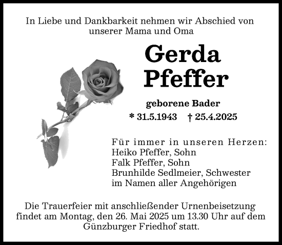 Traueranzeige von Gerda Pfeffer von Günzburger Zeitung