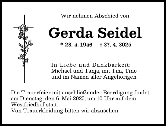 Traueranzeige von Gerda Seidel von Augsburger Allgemeine