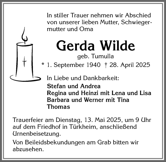 Traueranzeige von Gerda Wilde von Mindelheimer Zeitung