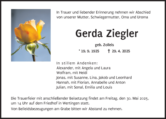 Traueranzeige von Gerda Ziegler von Wertinger Zeitung