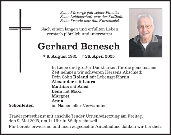 Traueranzeige von Gerhard Benesch von Aichacher Nachrichten