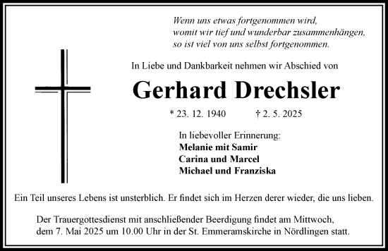 Traueranzeige von Gerhard Drechsler von Rieser Nachrichten