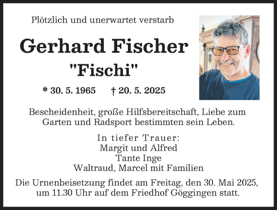 Traueranzeige von Gerhard Fischer von Augsburger Allgemeine