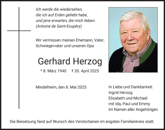 Traueranzeige von Gerhard Herzog von Mindelheimer Zeitung