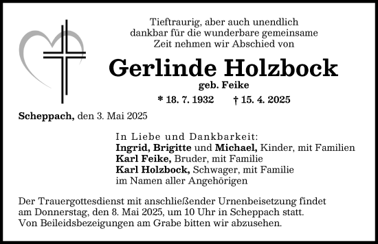Traueranzeige von Gerlinde Holzbock von Günzburger Zeitung
