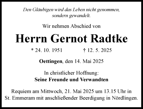 Traueranzeige von Gernot Radtke von Rieser Nachrichten