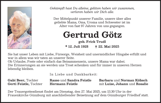 Traueranzeige von Gertrud Götz von Günzburger Zeitung