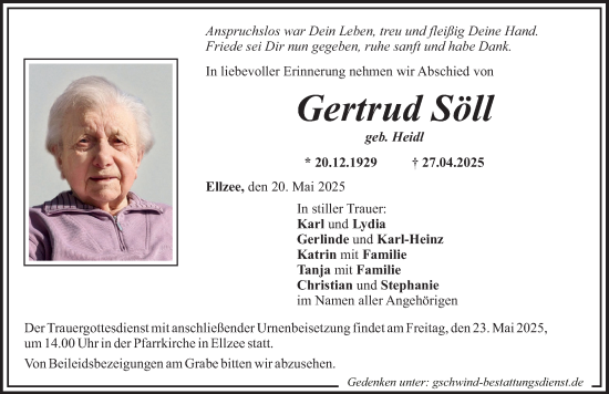 Traueranzeige von Gertrud Söll von Günzburger Zeitung, Mittelschwäbische Nachrichten