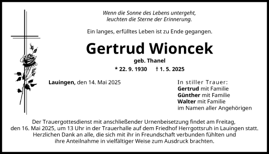 Traueranzeige von Gertrud Wioncek von Donau Zeitung