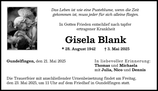 Traueranzeige von Gisela Blank von Donau Zeitung