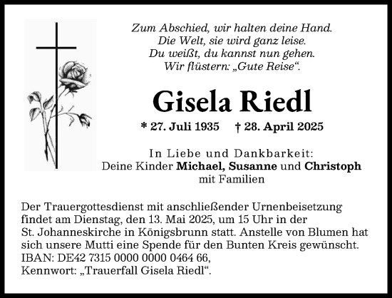 Traueranzeige von Gisela Riedl von Schwabmünchner Allgemeine
