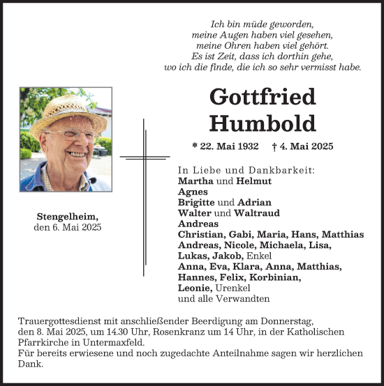 Traueranzeige von Gottfried Humbold von Neuburger Rundschau