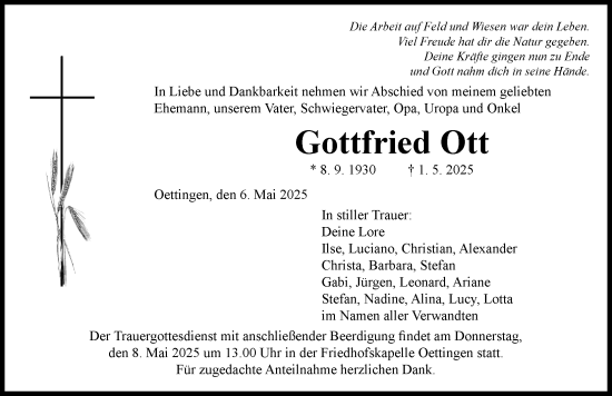 Traueranzeige von Gottfried Ott von Rieser Nachrichten