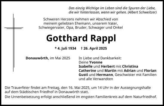 Traueranzeige von Gotthard Rappl von Donauwörther Zeitung