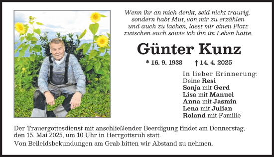 Traueranzeige von Günter Kunz von Augsburger Allgemeine