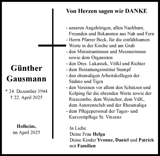 Traueranzeige von Günther Gausmann von Rieser Nachrichten