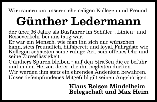 Traueranzeige von Günther Ledermann von Mindelheimer Zeitung