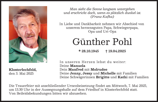 Traueranzeige von Günther Pohl von Schwabmünchner Allgemeine