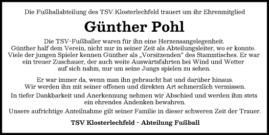 Traueranzeige von Günther Pohl von Schwabmünchner Allgemeine