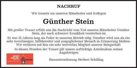 Traueranzeige von Günther Stein von Neu-Ulmer Zeitung
