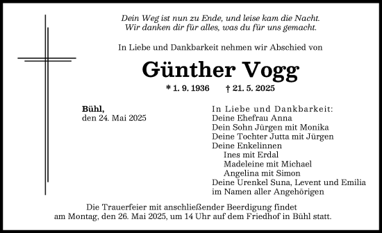 Traueranzeige von Günther Vogg von Günzburger Zeitung