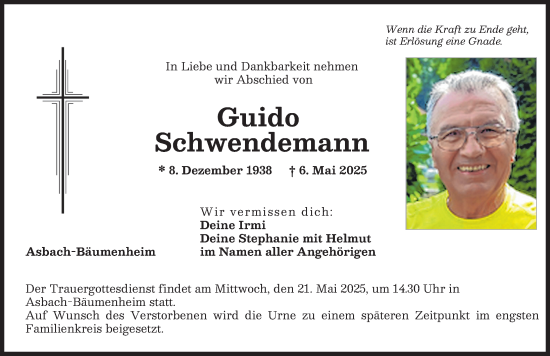 Traueranzeige von Guido Schwendemann von Donauwörther Zeitung
