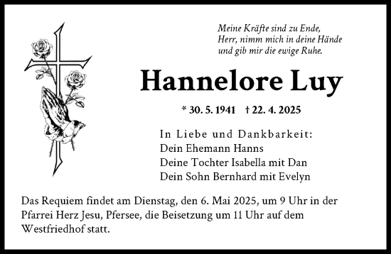 Traueranzeige von Hannelore Luy von Augsburger Allgemeine