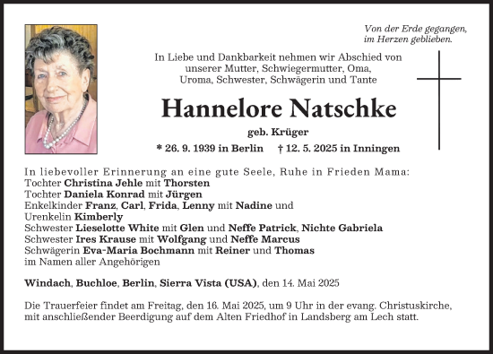 Traueranzeige von Hannelore Natschke von Landsberger Tagblatt