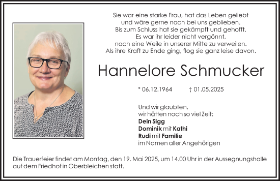 Traueranzeige von Hannelore Schmucker von Mittelschwäbische Nachrichten