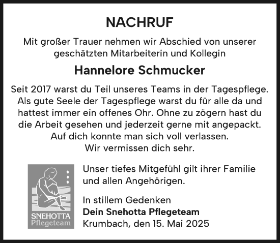 Traueranzeige von Hannelore Schmucker von Mittelschwäbische Nachrichten