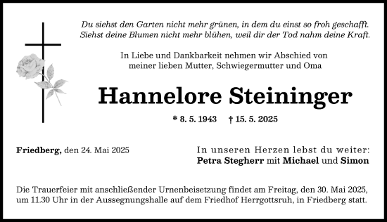 Traueranzeige von Hannelore Steininger von Friedberger Allgemeine