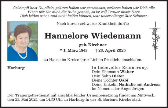 Traueranzeige von Hannelore Wiedemann von Rieser Nachrichten, Donauwörther Zeitung