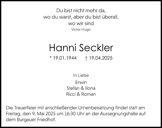 Traueranzeige von Hanni Seckler von Günzburger Zeitung