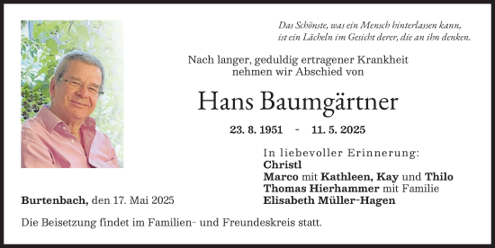 Traueranzeige von Hans Baumgärtner von Günzburger Zeitung, Mittelschwäbische Nachrichten