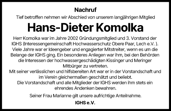 Traueranzeige von Hans-Dieter Komolka von Friedberger Allgemeine