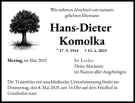Traueranzeige von Hans-Dieter Komolka von Augsburger Allgemeine