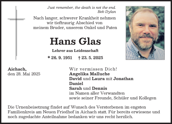 Traueranzeige von Hans Glas von Aichacher Nachrichten