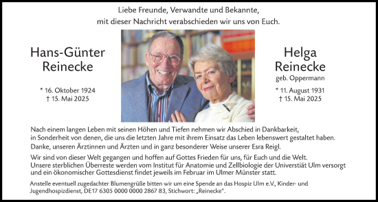 Traueranzeige von Hans-Günter Reinecke von Neu-Ulmer Zeitung, Augsburger Allgemeine
