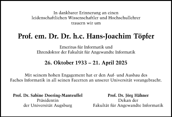 Traueranzeige von Hans-Joachim Töpfer von Augsburger Allgemeine