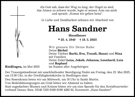 Traueranzeige von Hans Sandner von Donauwörther Zeitung