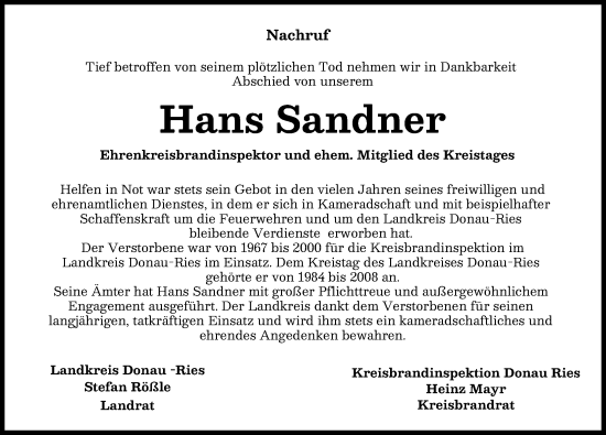 Traueranzeige von Hans Sandner von Donauwörther Zeitung, Rieser Nachrichten