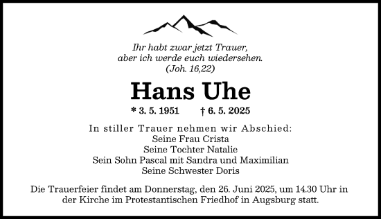 Traueranzeige von Hans Uhe von Augsburger Allgemeine