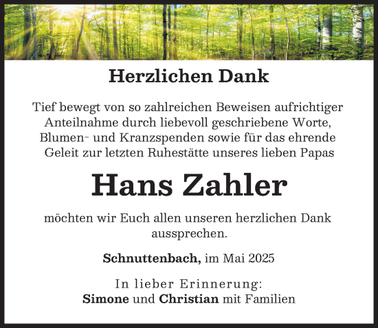 Traueranzeige von Hans Zahler von Günzburger Zeitung
