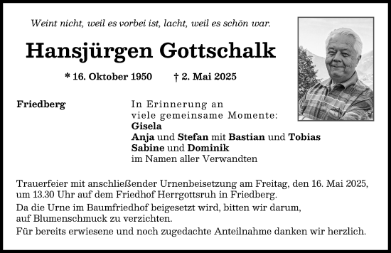 Traueranzeige von Hansjürgen Gottschalk von Friedberger Allgemeine
