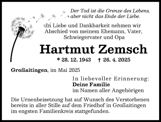 Traueranzeige von Hartmut Zemsch von Schwabmünchner Allgemeine
