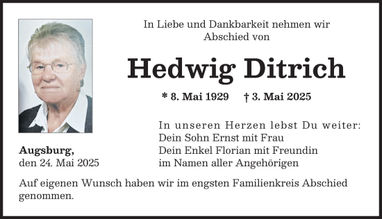 Traueranzeige von Hedwig Ditrich von Augsburger Allgemeine