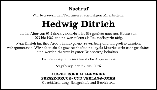 Traueranzeige von Hedwig Ditrich von Augsburger Allgemeine