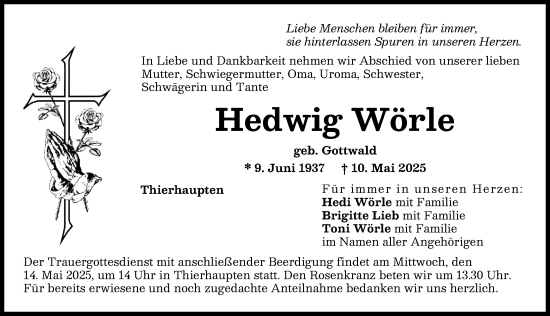 Traueranzeige von Hedwig Wörle von Augsburg-Land