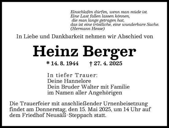 Traueranzeige von Heinz Berger von Augsburger Allgemeine
