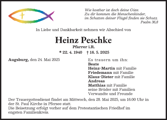 Traueranzeige von Heinz Peschke von Augsburger Allgemeine